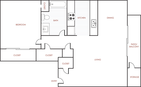 Floor plan for 1 bed, 1 bath, 702 sqft